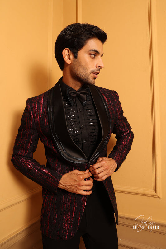 RED MAROON JAQUARD TUXEDO SET